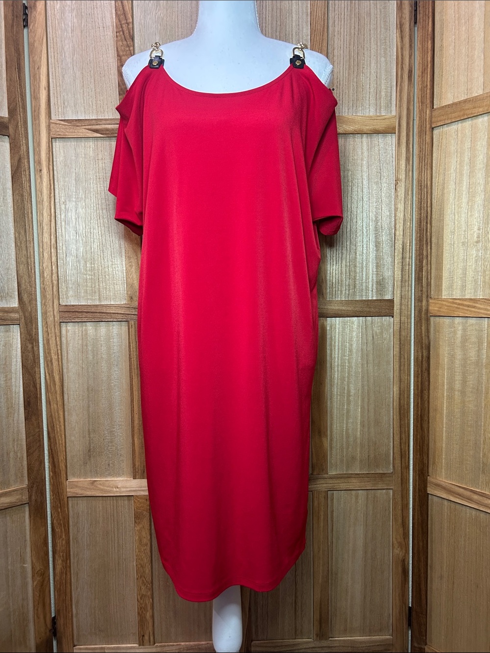 Michael Kors Red Cold Shoulder Chain Strap Dress Sz large Holiday Party